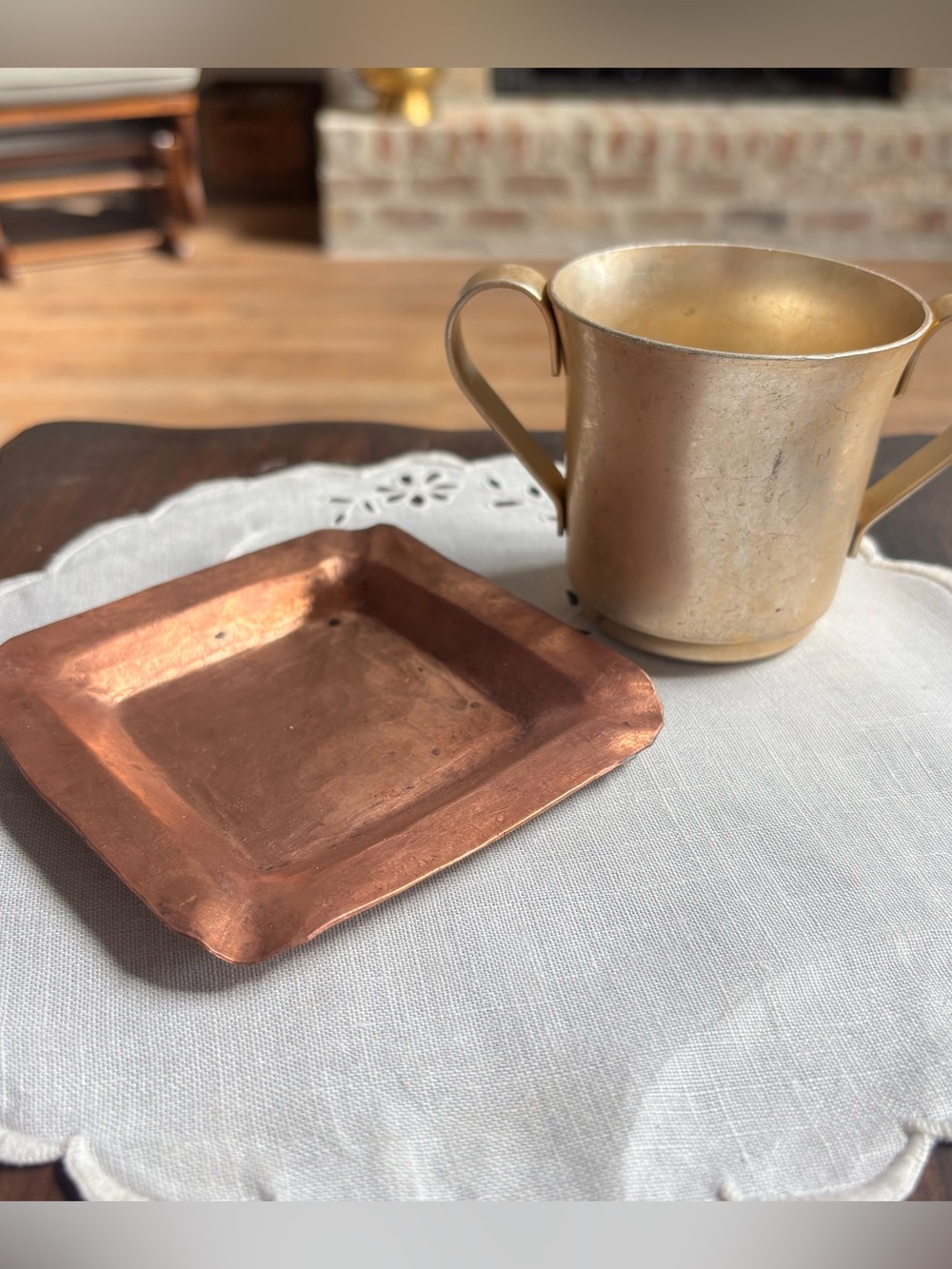 Vintage Set – Copper Ashtray/Trinket Dish & Gold Toned Aluminum Cup/Sugar